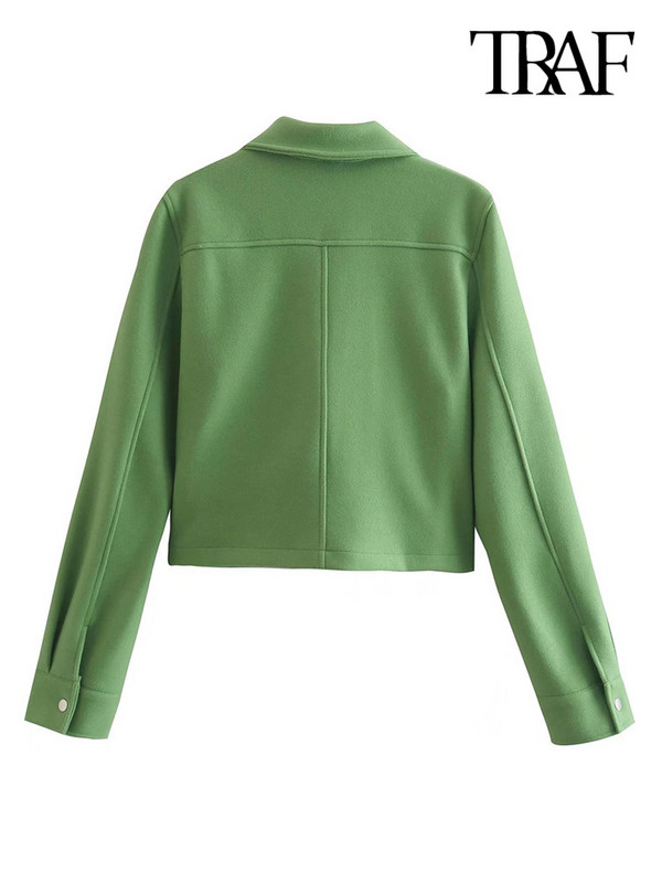 TRAF Дамска мода с джобове Скъсено зелено яке Палто Винтидж Дамско връхно облекло с копчета с дълъг ръкав Шикозни топове