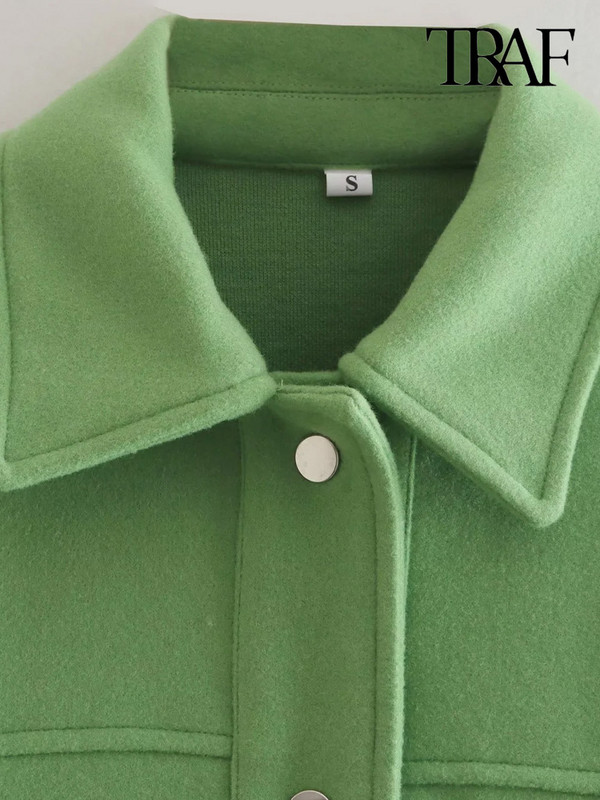 TRAF Дамска мода с джобове Скъсено зелено яке Палто Винтидж Дамско връхно облекло с копчета с дълъг ръкав Шикозни топове