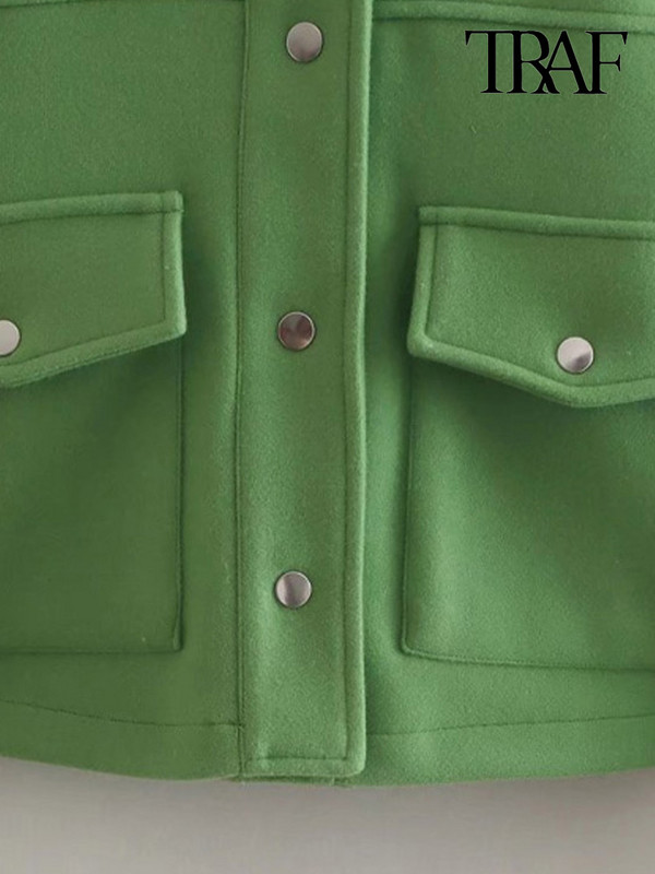 TRAF Дамска мода с джобове Скъсено зелено яке Палто Винтидж Дамско връхно облекло с копчета с дълъг ръкав Шикозни топове
