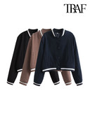 Γυναικεία μόδα TRAF με τσέπες Loose Crop παλτό Vintage μακρυμάνικο με κουμπιά Γυναικεία πανωφόρια κομψά μπλουζάκια
