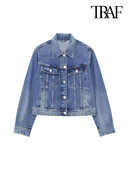 TRAF Дамски модни джобове с кръпки Дънково яке Палто Винтидж Дамско горно облекло с копчета с дълъг ръкав Шикозни горнища