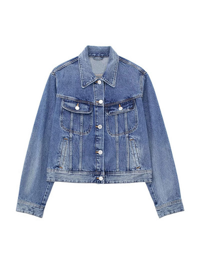 TRAF Дамски модни джобове с кръпки Дънково яке Палто Винтидж Дамско горно облекло с копчета с дълъг ръкав Шикозни горнища