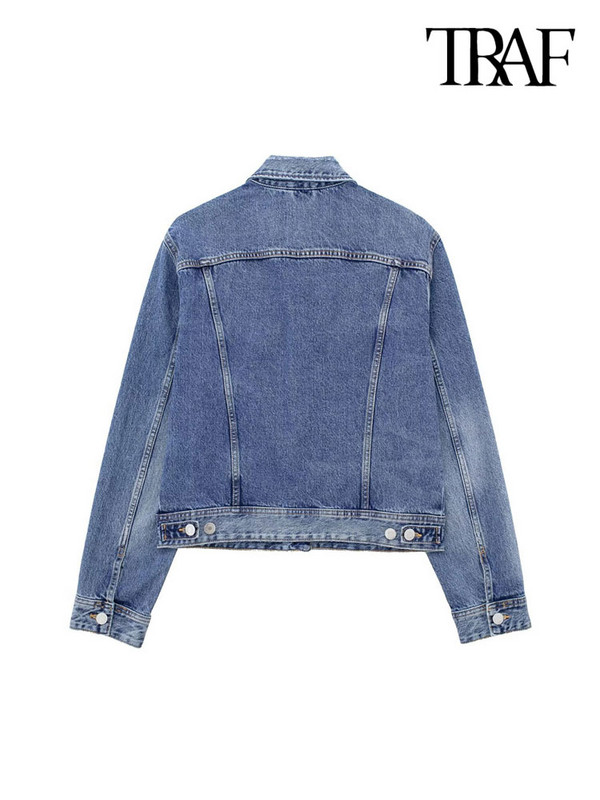 TRAF Дамски модни джобове с кръпки Дънково яке Палто Винтидж Дамско горно облекло с копчета с дълъг ръкав Шикозни горнища