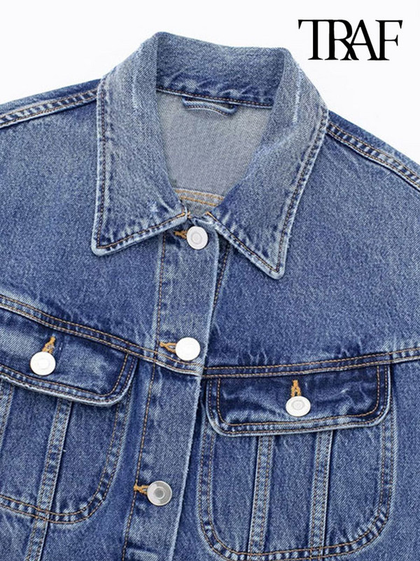 TRAF Дамски модни джобове с кръпки Дънково яке Палто Винтидж Дамско горно облекло с копчета с дълъг ръкав Шикозни горнища