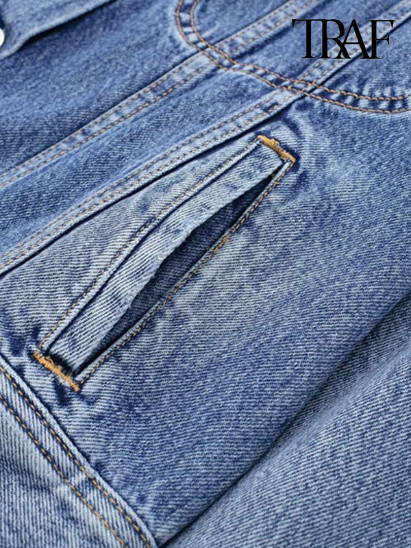 TRAF Дамски модни джобове с кръпки Дънково яке Палто Винтидж Дамско горно облекло с копчета с дълъг ръкав Шикозни горнища