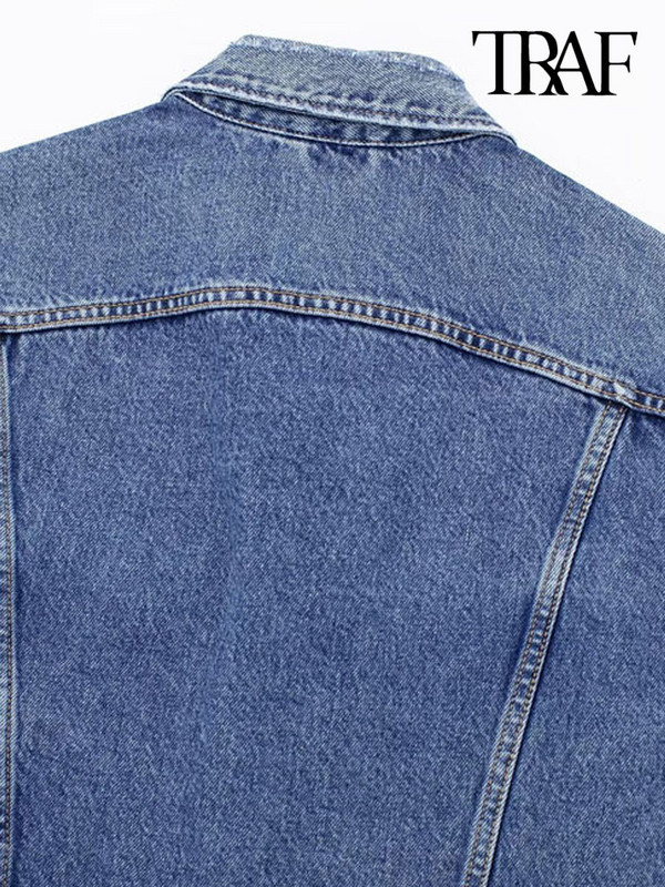 TRAF Дамски модни джобове с кръпки Дънково яке Палто Винтидж Дамско горно облекло с копчета с дълъг ръкав Шикозни горнища