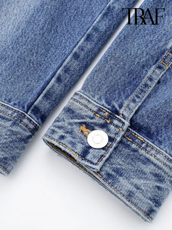 TRAF Дамски модни джобове с кръпки Дънково яке Палто Винтидж Дамско горно облекло с копчета с дълъг ръкав Шикозни горнища