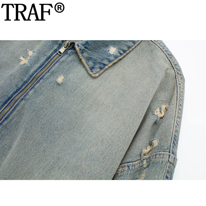 TRAF Съкратено дънково яке Дамски скъсани дънкови якета За жени Есенно яке с цип Oversize Streetwear Връхно облекло с дълъг ръкав