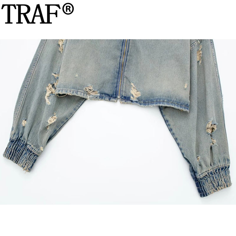 TRAF Съкратено дънково яке Дамски скъсани дънкови якета За жени Есенно яке с цип Oversize Streetwear Връхно облекло с дълъг ръкав