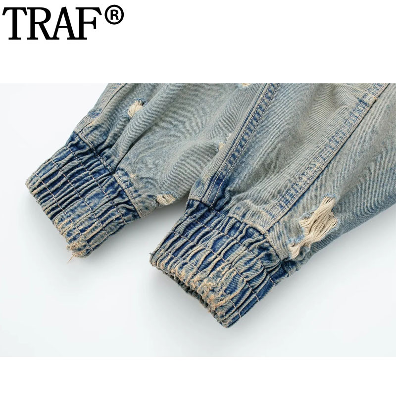 TRAF Съкратено дънково яке Дамски скъсани дънкови якета За жени Есенно яке с цип Oversize Streetwear Връхно облекло с дълъг ръкав