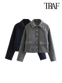 TRAF Дамско модно предно златно копче Меко яке Палто Ретро джобове с капак с дълъг ръкав Дамско връхно облекло Шикозни топове