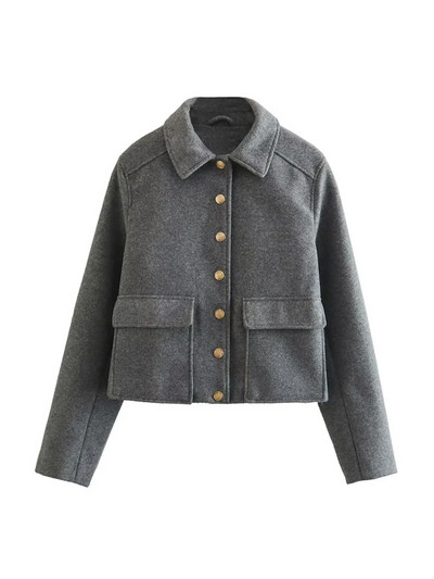 TRAF Дамско модно предно златно копче Меко яке Палто Ретро джобове с капак с дълъг ръкав Дамско връхно облекло Шикозни топове