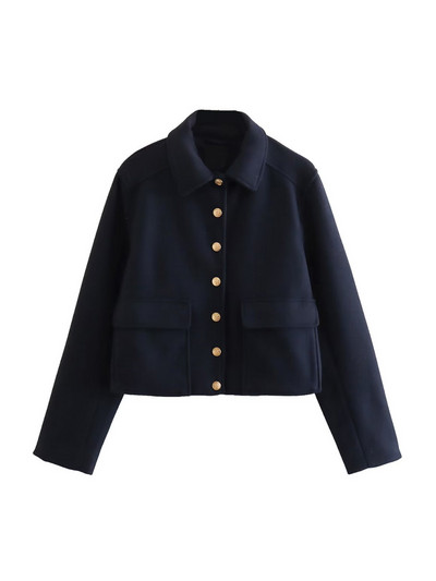 TRAF Дамско модно предно златно копче Меко яке Палто Ретро джобове с капак с дълъг ръкав Дамско връхно облекло Шикозни топове