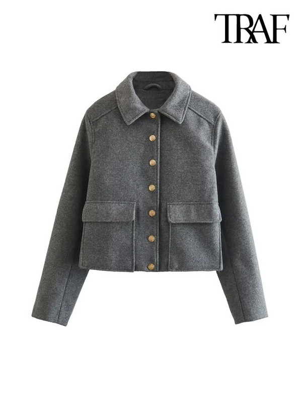 TRAF Дамско модно предно златно копче Меко яке Палто Ретро джобове с капак с дълъг ръкав Дамско връхно облекло Шикозни топове