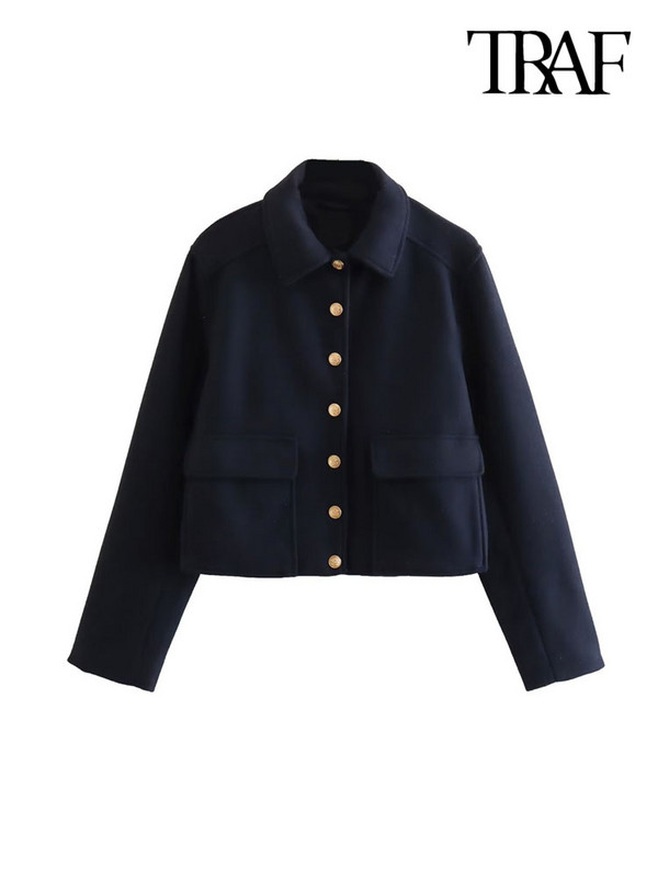 TRAF Дамско модно предно златно копче Меко яке Палто Ретро джобове с капак с дълъг ръкав Дамско връхно облекло Шикозни топове