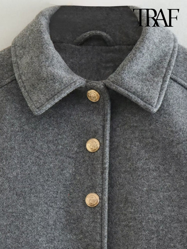 TRAF Дамско модно предно златно копче Меко яке Палто Ретро джобове с капак с дълъг ръкав Дамско връхно облекло Шикозни топове