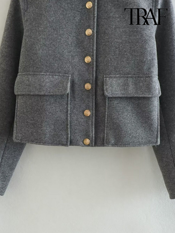 TRAF Дамско модно предно златно копче Меко яке Палто Ретро джобове с капак с дълъг ръкав Дамско връхно облекло Шикозни топове