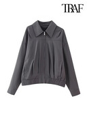 TRAF Дамска мода с джобове Прав бомбър яке Палто Винтидж с дълги ръкави с преден цип Дамско връхно облекло Шикозни топове