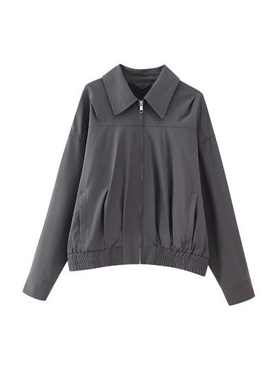 TRAF Дамска мода с джобове Прав бомбър яке Палто Винтидж с дълги ръкави с преден цип Дамско връхно облекло Шикозни топове