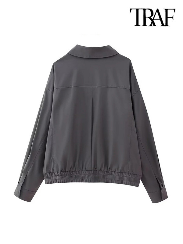 TRAF Дамска мода с джобове Прав бомбър яке Палто Винтидж с дълги ръкави с преден цип Дамско връхно облекло Шикозни топове