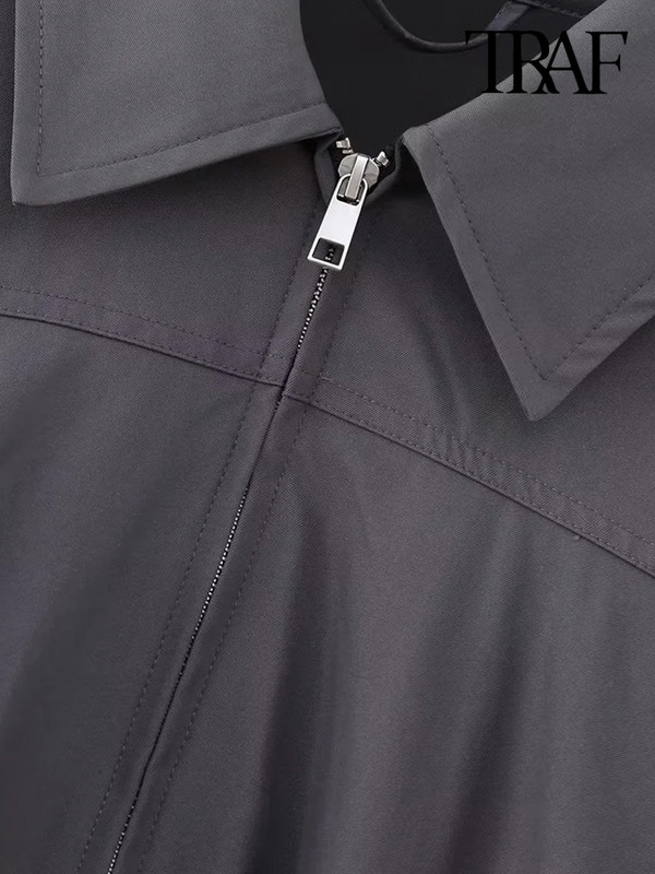 TRAF Дамска мода с джобове Прав бомбър яке Палто Винтидж с дълги ръкави с преден цип Дамско връхно облекло Шикозни топове