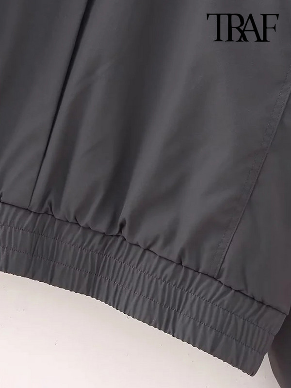 TRAF Дамска мода с джобове Прав бомбър яке Палто Винтидж с дълги ръкави с преден цип Дамско връхно облекло Шикозни топове