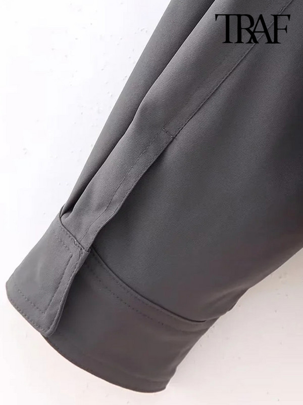 TRAF Дамска мода с джобове Прав бомбър яке Палто Винтидж с дълги ръкави с преден цип Дамско връхно облекло Шикозни топове