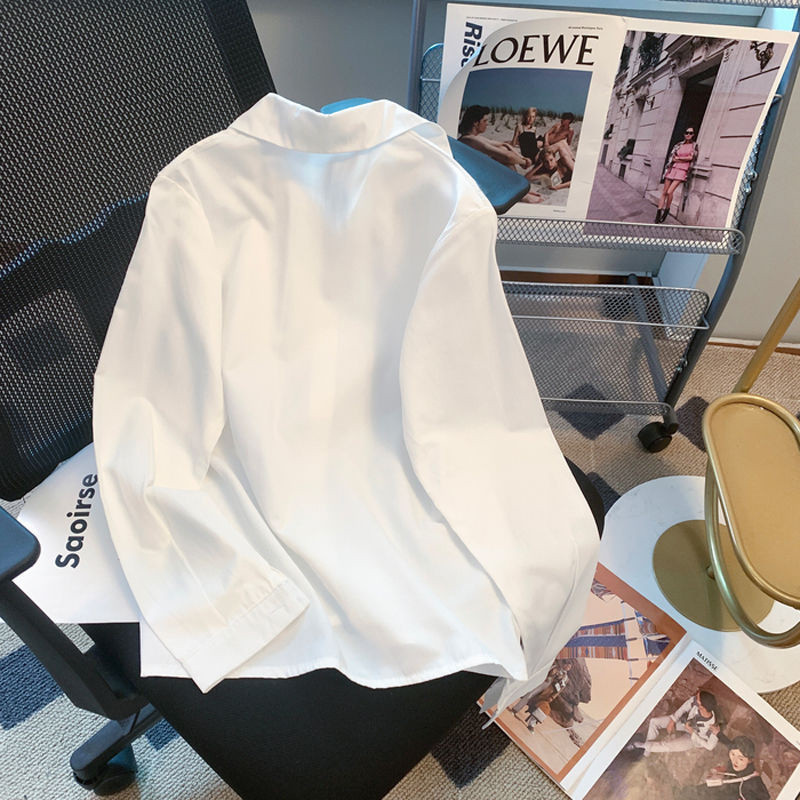 Дамски бели ризи Официална блуза с обърната яка Ризи с дълъг ръкав Топове Пролет Есен Едноредни минималистични дамски блузи