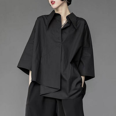 Y2K Γυναικείο σιφόν μαύρο πουκάμισο Gothic Fashion Streetwear Loose μπλουζάκια Σκούρο ακαδημαϊκό ακανόνιστο casual γυναικεία μπλούζα τριών τετάρτων