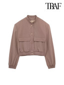 TRAF Naiste mood taskutega Kärbitud Bomber-jakk Mantel Vintage pikkade varrukatega nööbiga Naiste ülerõivad šikid topid