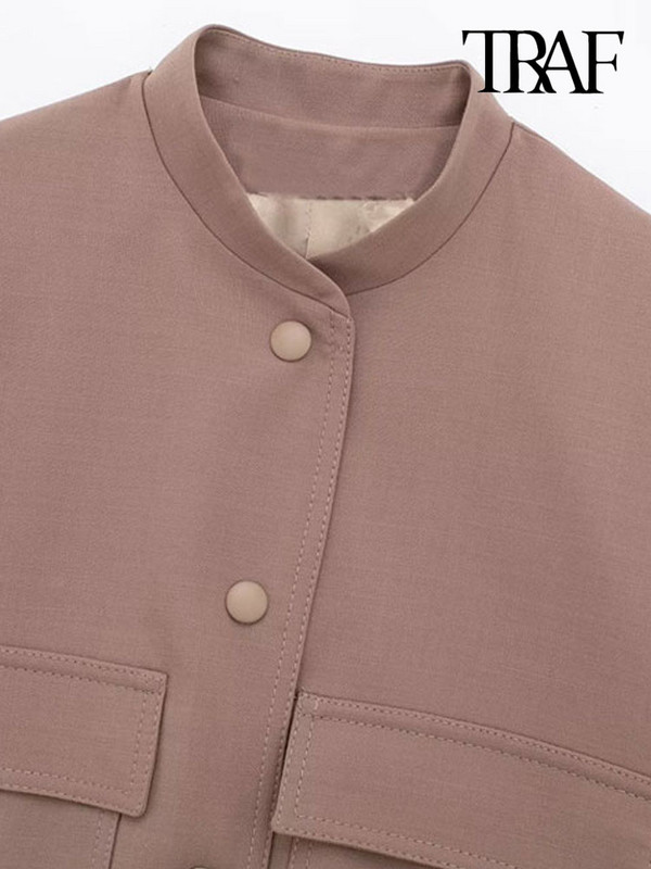 TRAF Naiste mood taskutega Kärbitud Bomber-jakk Mantel Vintage pikkade varrukatega nööbiga Naiste ülerõivad šikid topid