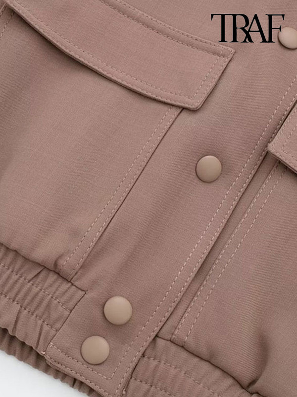 TRAF Naiste mood taskutega Kärbitud Bomber-jakk Mantel Vintage pikkade varrukatega nööbiga Naiste ülerõivad šikid topid