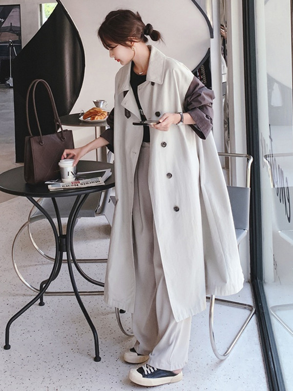 LANMREM Trenci lung, bloc de culoare, cu nasturi, pe spate, femei, cusături largi, neregulate, îmbrăcăminte de modă 2R5809