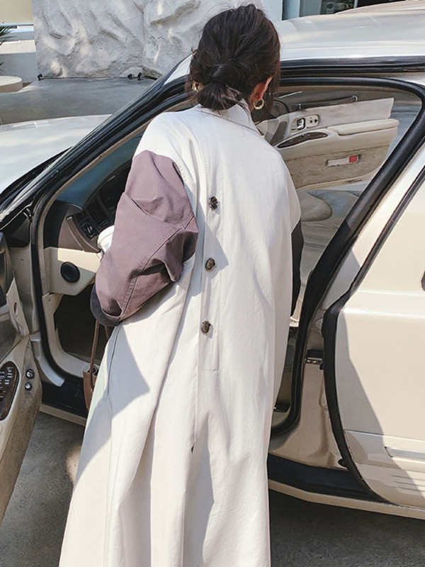 LANMREM Trenci lung, bloc de culoare, cu nasturi, pe spate, femei, cusături largi, neregulate, îmbrăcăminte de modă 2R5809