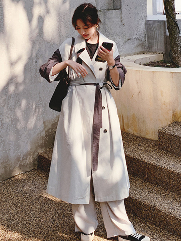 LANMREM Trenci lung, bloc de culoare, cu nasturi, pe spate, femei, cusături largi, neregulate, îmbrăcăminte de modă 2R5809