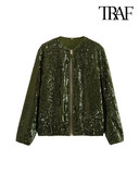 TRAF Moda femei cu buzunare jachetă bomber cu paiete haină vintage cu mânecă lungă cu fermoar în față îmbrăcăminte exterioară pentru femei Topuri șic