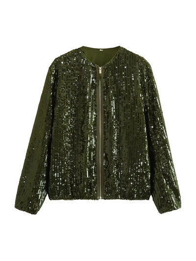 TRAF Moda femei cu buzunare jachetă bomber cu paiete haină vintage cu mânecă lungă cu fermoar în față îmbrăcăminte exterioară pentru femei Topuri șic