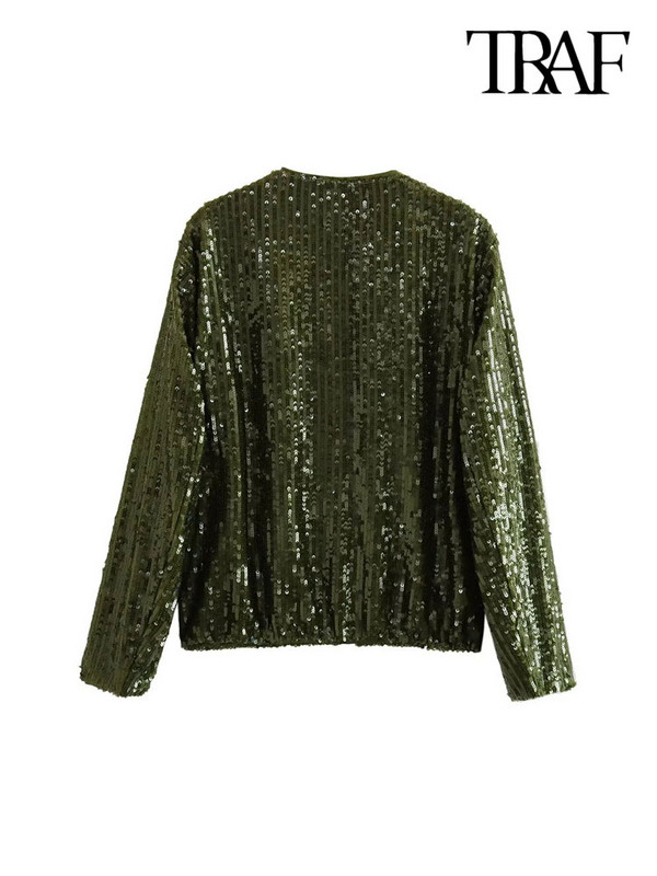 TRAF Moda femei cu buzunare jachetă bomber cu paiete haină vintage cu mânecă lungă cu fermoar în față îmbrăcăminte exterioară pentru femei Topuri șic