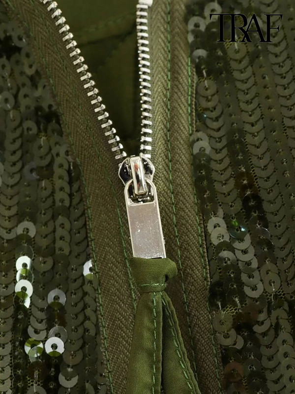 TRAF Moda femei cu buzunare jachetă bomber cu paiete haină vintage cu mânecă lungă cu fermoar în față îmbrăcăminte exterioară pentru femei Topuri șic