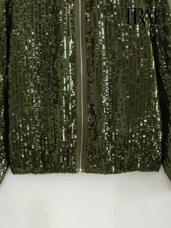 TRAF Moda femei cu buzunare jachetă bomber cu paiete haină vintage cu mânecă lungă cu fermoar în față îmbrăcăminte exterioară pentru femei Topuri șic