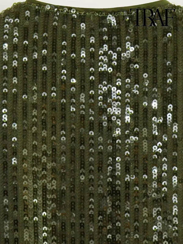 TRAF Moda femei cu buzunare jachetă bomber cu paiete haină vintage cu mânecă lungă cu fermoar în față îmbrăcăminte exterioară pentru femei Topuri șic