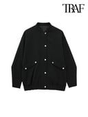 Γυναικεία μόδα TRAF με τσέπες με πτερύγια Μεγάλο μπουφάν Bomber Vintage μακρυμάνικο μπροστινό φερμουάρ Γυναικεία πανωφόρια κομψά μπλουζάκια