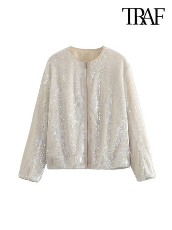 Γυναικεία TRAF Fashion Sequin Bomber Jacket παλτό Vintage μακρυμάνικο μπροστινό φερμουάρ Γυναικεία πανωφόρια κομψά μπλουζάκια