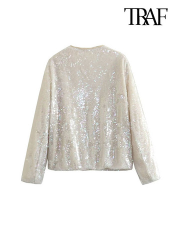 Γυναικεία TRAF Fashion Sequin Bomber Jacket παλτό Vintage μακρυμάνικο μπροστινό φερμουάρ Γυναικεία πανωφόρια κομψά μπλουζάκια