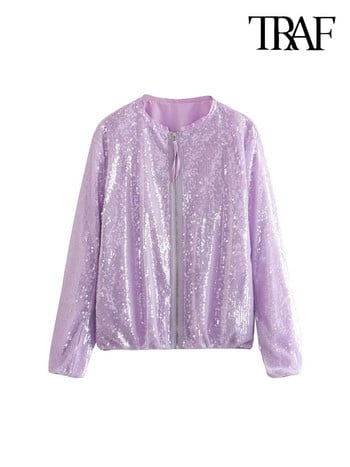 Γυναικεία TRAF Fashion Sequin Bomber Jacket παλτό Vintage μακρυμάνικο μπροστινό φερμουάρ Γυναικεία πανωφόρια κομψά μπλουζάκια