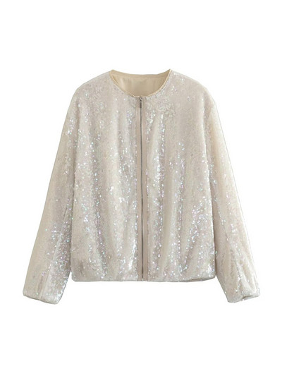 TRAF Дамско модно бомбардировъчно яке с пайети Палто Винтидж Дамско връхно облекло с дълъг ръкав и преден цип Шикозни топове