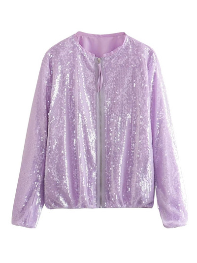 TRAF Дамско модно бомбардировъчно яке с пайети Палто Винтидж Дамско връхно облекло с дълъг ръкав и преден цип Шикозни топове