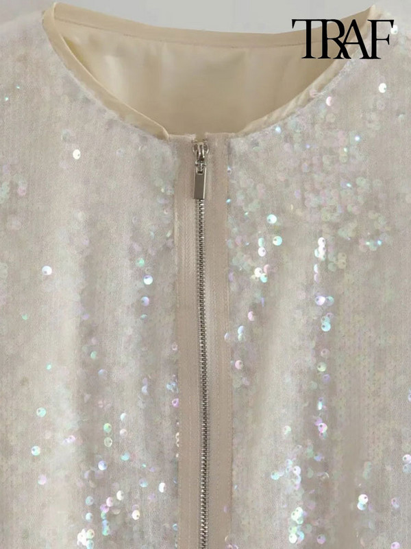 TRAF Дамско модно бомбардировъчно яке с пайети Палто Винтидж Дамско връхно облекло с дълъг ръкав и преден цип Шикозни топове