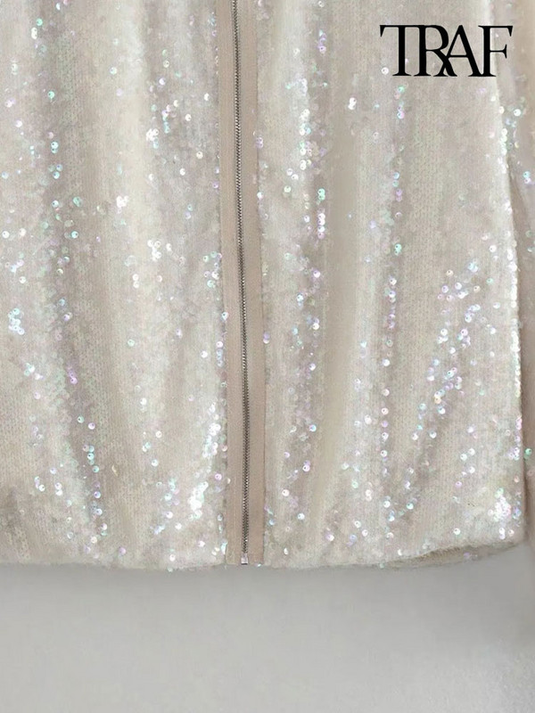 TRAF Дамско модно бомбардировъчно яке с пайети Палто Винтидж Дамско връхно облекло с дълъг ръкав и преден цип Шикозни топове