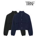 Γυναικεία μόδα TRAF με τσέπες Cropped Bomber παλτό Vintage μακρυμάνικο μπροστινό με κουμπιά γυναικεία πανωφόρια κομψά μπλουζάκια